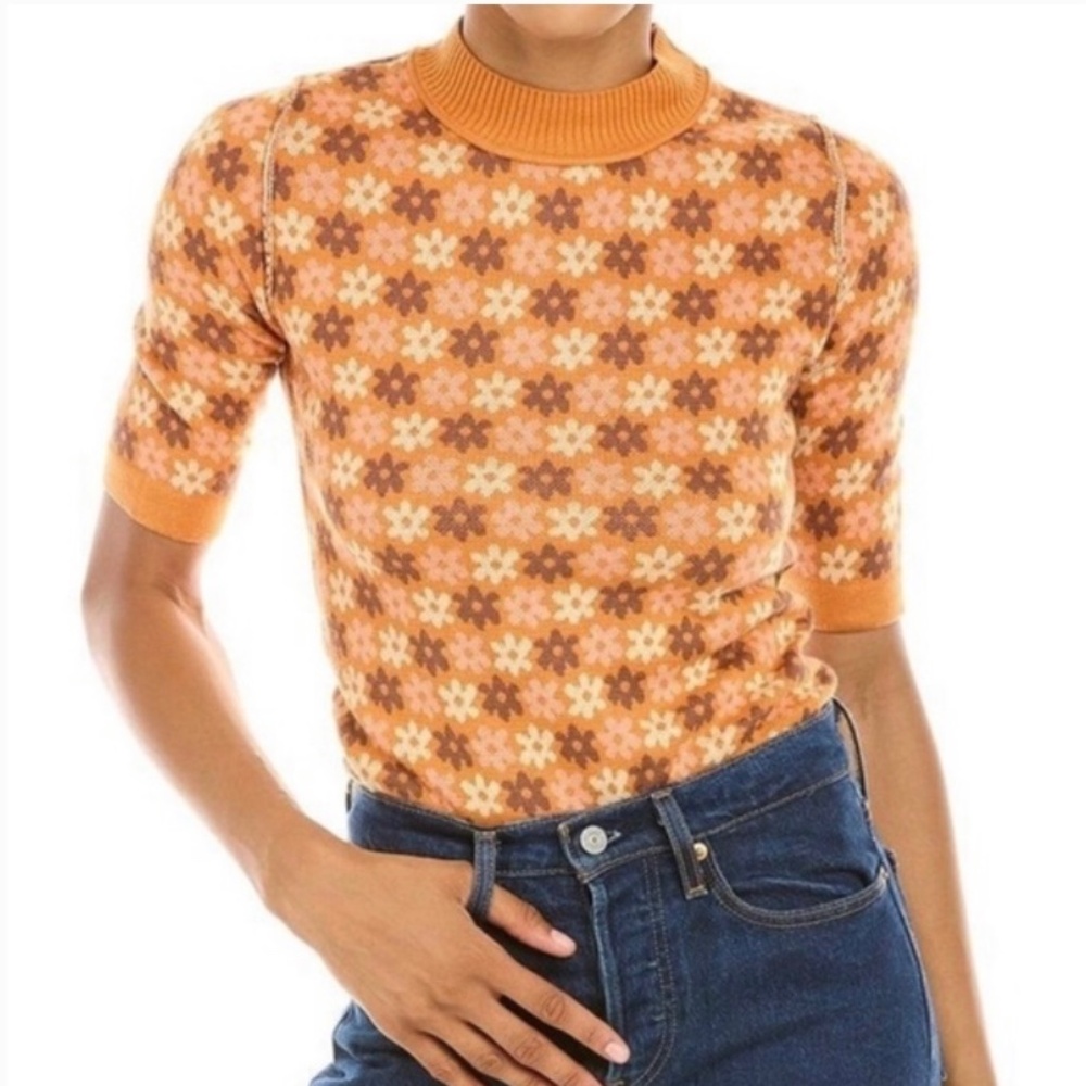 Free People Winter Warmer Retro Brown Orange Floral Sweater Bodysuit XS